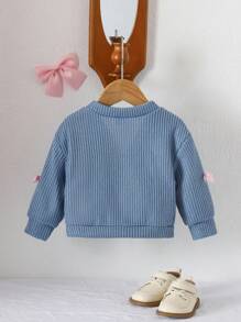 SHEIN Vintaside Kids Baby Girl V-Neck Bow Solid Color Long Sleeve Cardigan Sweater, Spring/Autumn Outerwear Fall Winter - Royal Blue - View 2