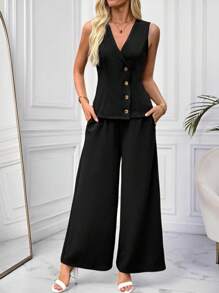EMERY ROSE Conjunto casual de mujer con chaleco sin mangas con botones y cuello en V y pantalones de pierna ancha con bolsillos con abertura