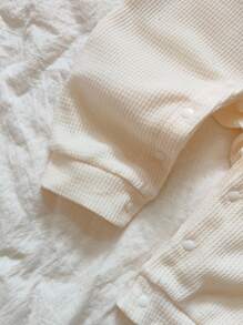 SHEIN Infant Girls Casual Embroidered Letter Textured Envelope Collar Jumpsuit & Headband Set, Spring/Autumn - Apricot - View 9