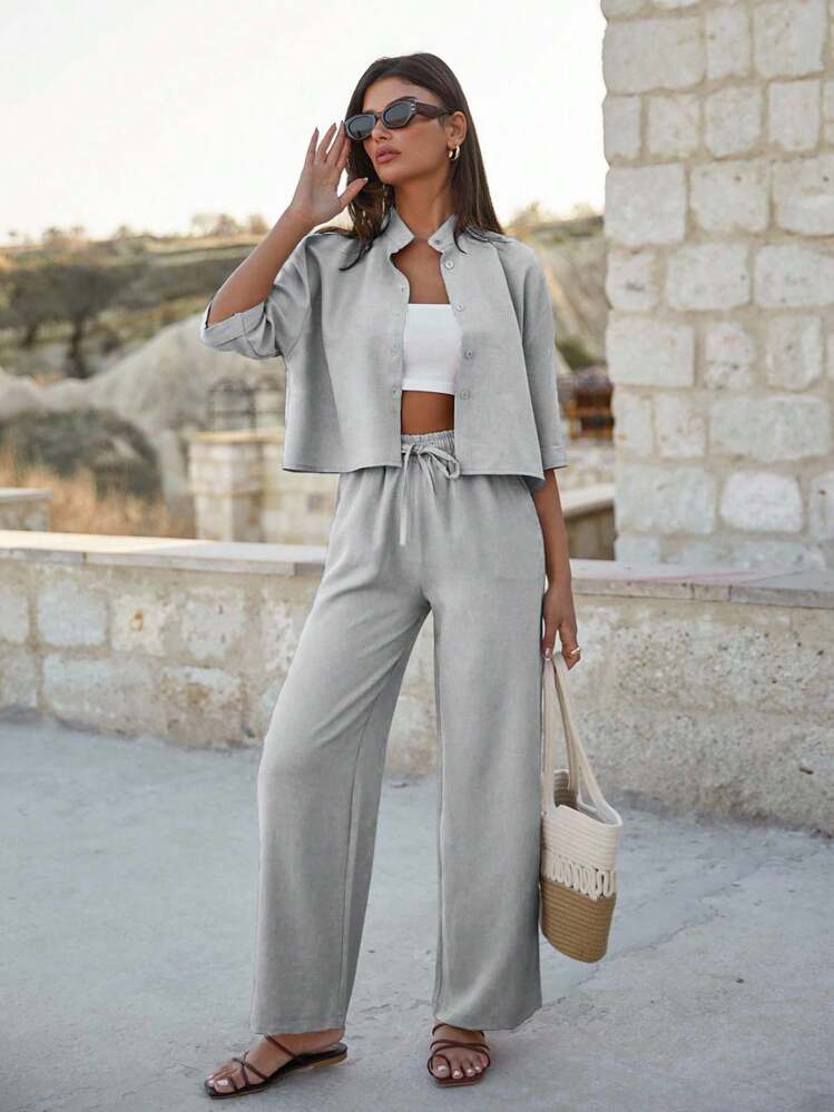 EURMUSE Women Cotton Crop Shirt & High Waist Pants Set - Light Grey - View 1