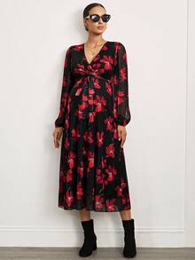 MaterniWear 办公室,商务休闲女装,秋装,秋装,孕妇装秋装孕妇装孕妇花卉印花重叠V领灯笼袖优雅连衣裙 - 黑色 - 查看 7