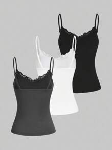 SHEIN Essnce Áo ba lỗ ren chắp vá thường ngày cho nữ 3 món/bộ cho kỳ nghỉ hè - Màu xám đen - Xem 2