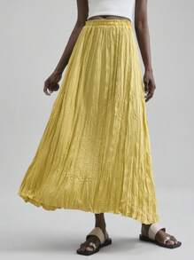 Ontre 女士纯色弹力腰褶裥长裙，简约时尚商务休闲风，适合音乐会、波西米亚海滩度假等场合 - 綠色 - 查看 2