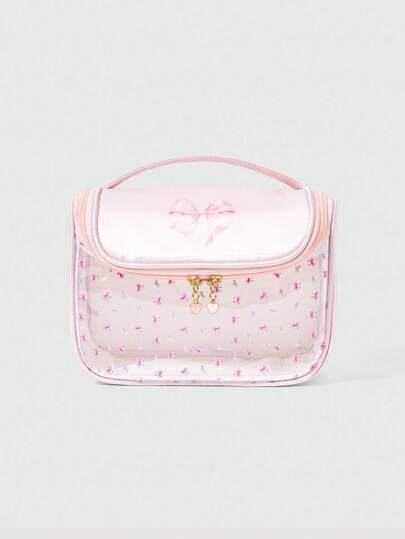 Kawaii Süße transparente Kosmetiktasche mit Schleifen-Allover-Muster und großem Fassungsvermögen