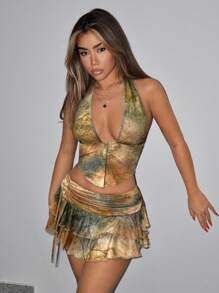 SHEIN ICON Halter Neck Printed Tank Top And Low Waist Mini Skirt Set - Multicolor - View 5
