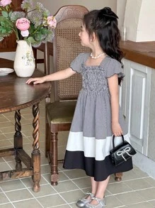 Dazy Kids Girls (Small) Plaid Cap Sleeve Contrast Color Block Mid-Length Summer Dress