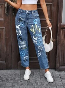 EMERY ROSE Casual Washed Graffiti Print Tapered Fit Jeans - Dark Wash - View 6