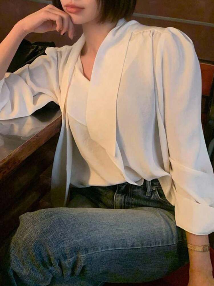 French Puff Sleeve Tie Neck Blouse, Minimalist Design Slim Fit V-Neck Top For Commuting Long Sleeve Top