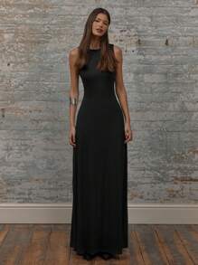 MUSERA 圆领露肩长款连衣裙，夏季女装，毕业季优雅可爱性感度假波西米亚风婚礼宾客海滩假日秋季夏季穿搭情人节 - 黑色 - 查看 6