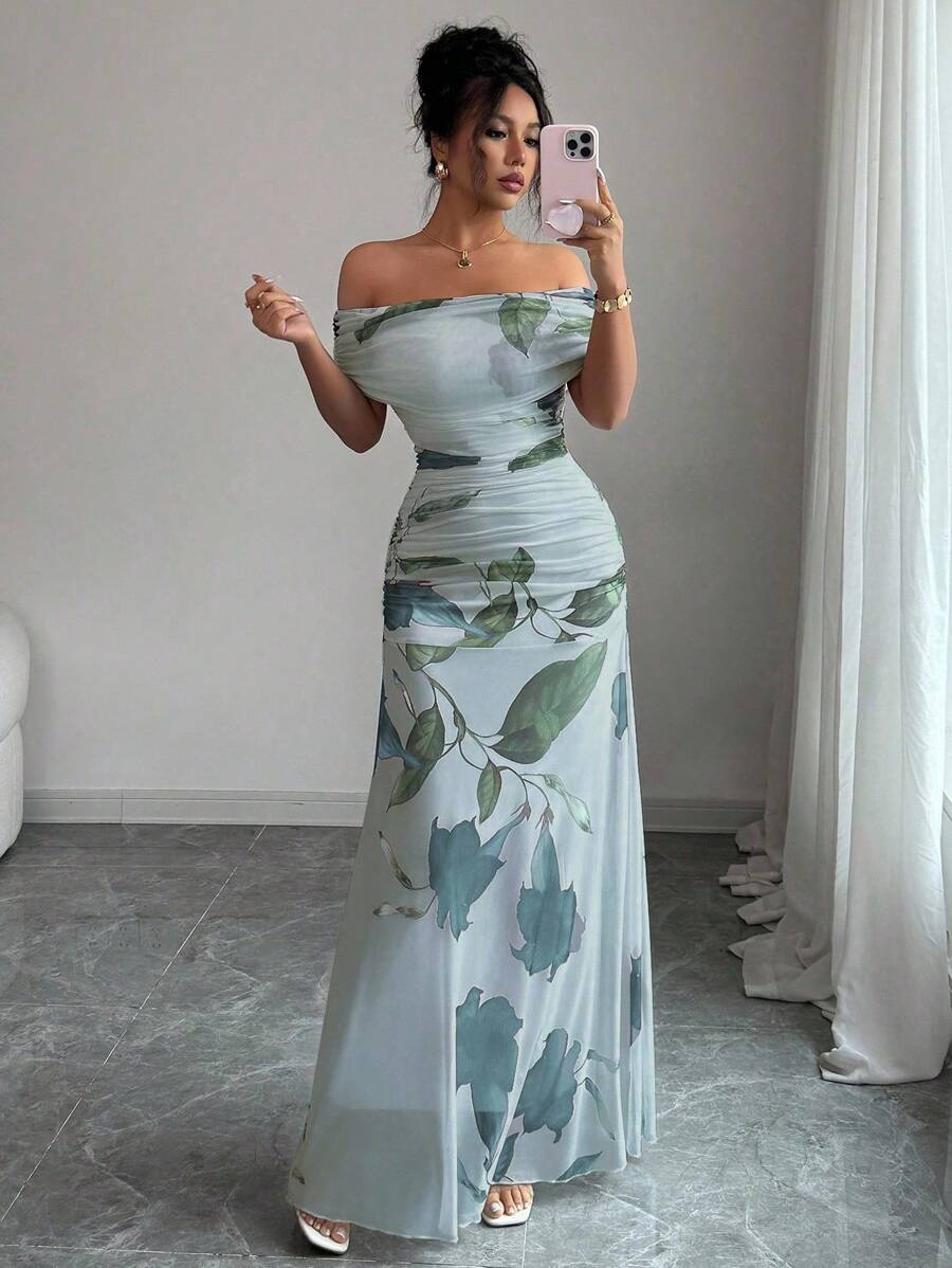 Modelyn Women's Mesh Printed Off-Shoulder Ruffle Summer Casual Dress - Blue - View 1