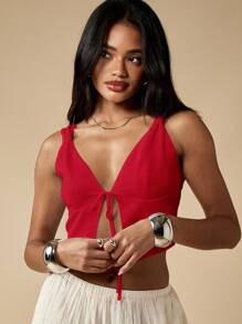 MISSGUIDED V-Ausschnitt Krawatte Vorne Ärmellos Crop Top Sommer Festival Abendparty Geraffter Oberkörper Strick Trägershirt Boho Stil Lässig Strand Urlaub Resort Tragen Weihnachten - Rot - Übersicht 4