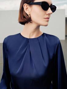 Uhlyne Đầm ôm dáng tay dài cổ tròn thanh lịch tối giản dành cho nữ dự tiệc đi làm hàng ngày - Màu xanh hải quân - Xem 6