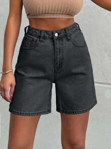 EURMUSE 100%Cotton LIGHT WASH HIGH WAIST SHORT - Dark Grey - View 6