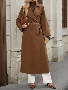 SHEIN LUNE 女士纯色翻领长袖双排扣休闲宽松风衣，秋冬外出外套 - 摩卡棕 - 查看 7