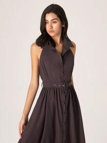 Modelyn 女士优雅纯色前扣露背中长连衣裙 - 棕色 - 查看 7