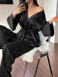 DAZY Satin Belted Robe & Pants Sleepwear Pajama Set, Minimalist & Elegant, Spring/Summer Pajama Fall Winter Clothes - Black - View 3