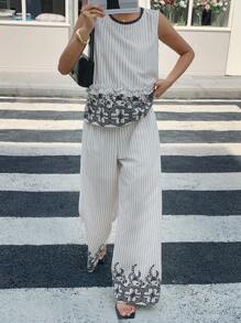 DAZY Women's Elegant Summer Bohemian Black And White Checkered Contrast Color Print Patchwork Sleeveless Vest And Wide Leg Pants 2 Pieces Vacation Outfit - White - View 2