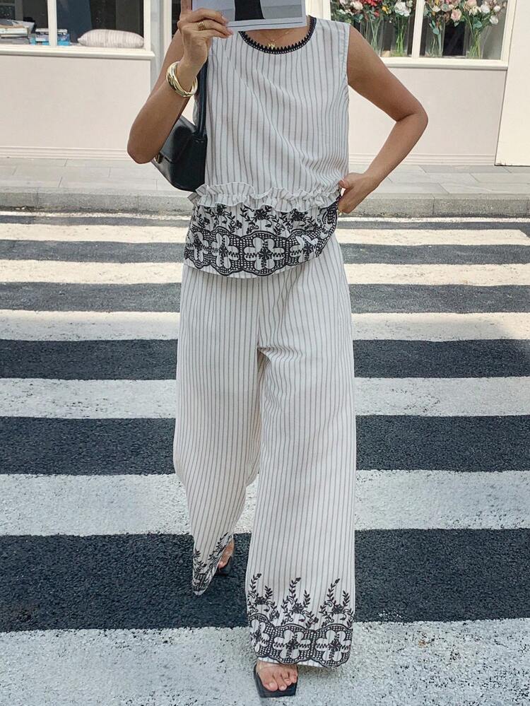 Women's Bohemian Style Contrast Color Print Patchwork Sleeveless Vest And Loose Wide Leg Pants 2 Pieces Vacation Outfit