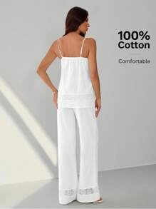 SHEIN Tall 春夏蕾丝拼接可追溯棉质吊带背心和裤子女士两件套 14361124111500954 情人节&新年女士西装外套,酒红色套装,西装套装,办公室淑女装,商务淑女装,两件套秋装,情侣装,衬衫套装,秋装,家庭睡衣套装,新年女装 - 白色 - 查看 2