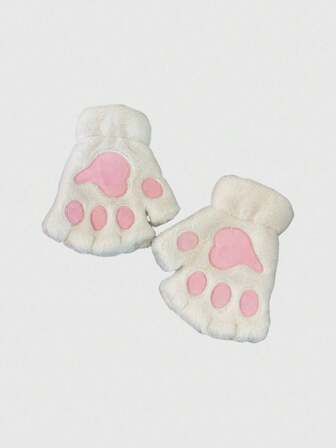 Kawaii Guanti senza dita carini con ricamo a zampa di gatto, guanti morbidi e caldi a mezza dita per cosplay, uso casual all'aperto in autunno/inverno