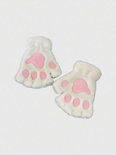 Kawaii Cute Cartoon Cat Paw Embroidered Fingerless Gloves, Warm Plush Half Finger Gloves For Cosplay, Casual Outdoor Use In Autumn/Winter