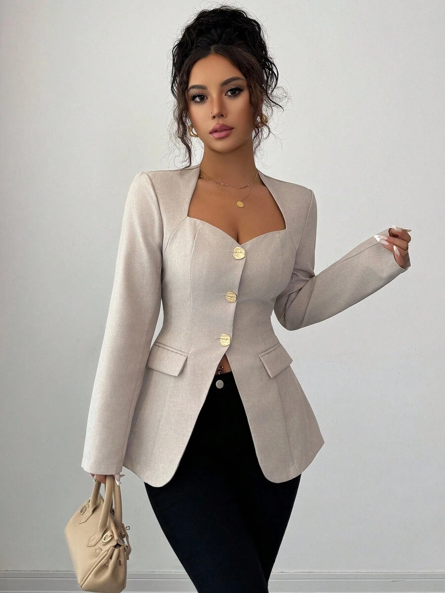Siren Gaze Women's Solid Color Minimalist Long Sleeve Blazer, Casual Everyday Wear, Fall Women,Back To School,Country Concert, Business Casual Woman, Teacher For Women,Date Night Women ,Birthday ,Brunch For Women,Western Women Wear ,Business Casual Woman Winter Elegant - Apricot - View 1