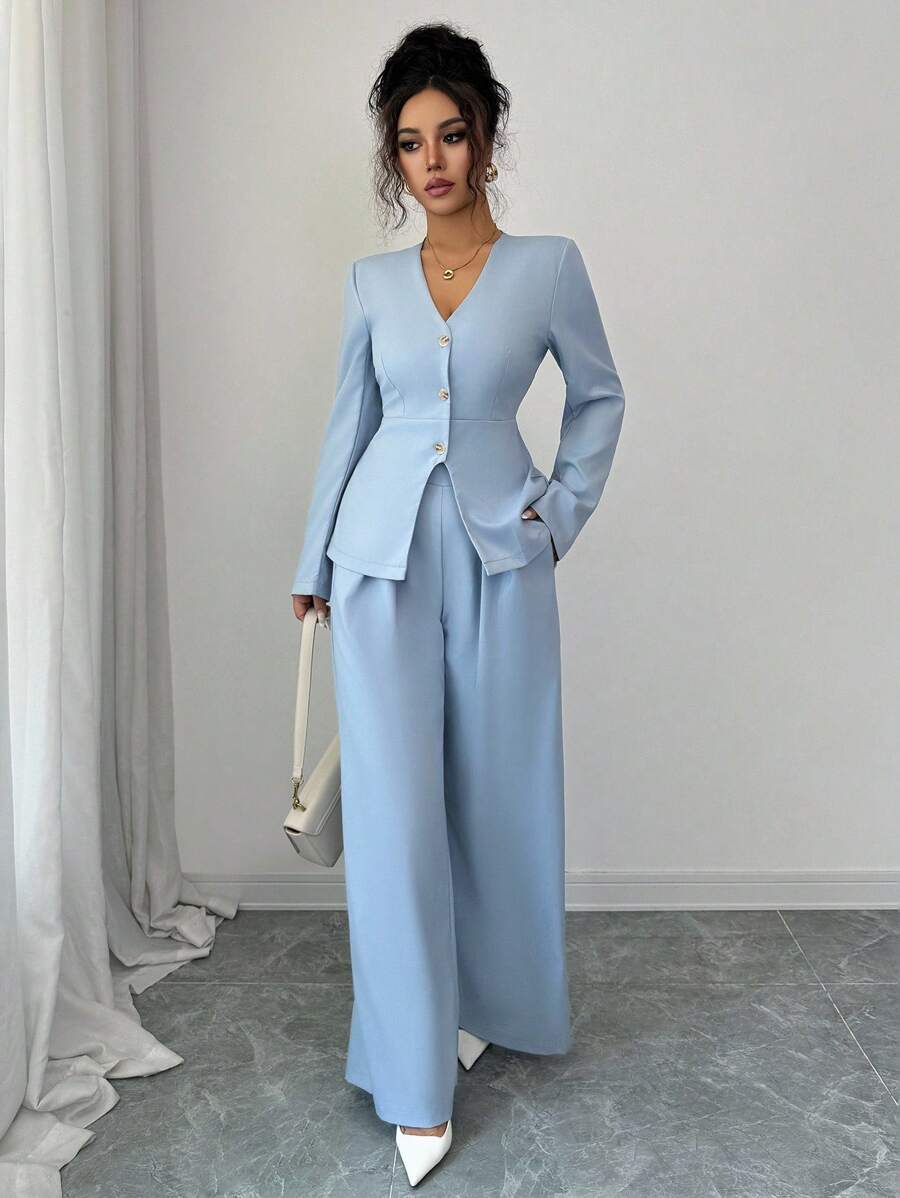 Elenzga 女士纯色单排扣长袖夹克和阔腿裤休闲两件套 - 藍色 - 查看 1