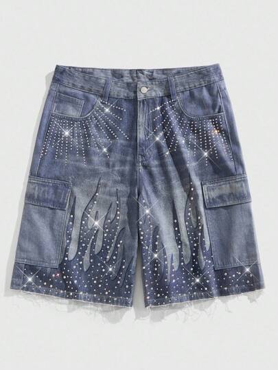 Street Life Herren Cargo Denim Shorts mit Strass-Verzierung und Flammen-Muster