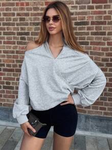 DAZY Sweatshirt Lengan Panjang Model Longgar Model Halter Neck untuk Wanita, Cocok untuk Sekolah. - Grey - View 4