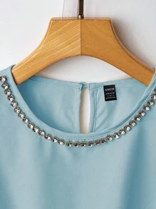 Franclia Áo kiểu nữ thanh lịch thiết kế đính cườm, cổ tròn, ôm eo, tay ngắn, màu xanh nhạt, thích hợp cho nữ mùa hè, kiểu peplum. - Màu xanh lam - Xem 4