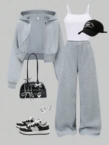 SHEIN 3pcs/Set Girls Casual Minimalist Camisole + Short Zip-Up Hoodie + Wide Leg Pants Suit, Suitable For Daily Wear Grey Sweatpants Tween Gray Sweatsuit Tween Girls Wide Leg Sweatpants Streetwear Outfits Grey Outfit Set Full Outfit Set Outfits Sets Fall Winter