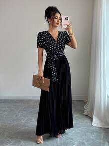 Elenzga 波尔卡圆点印花拼接交叉领口腰带裹身褶皱优雅女式连体裤 - 黑色 - 查看 1