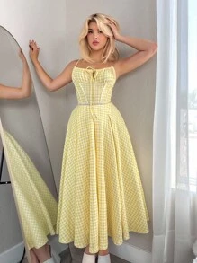 Sweetina Women's Yellow Plaid Spaghetti Strap Flowy A-Line Sundress, Sexy & Chic For Picnic, Casual Date, Vacation, Party, Home Yellow Gingham Dress Yellow Picnic Dress Lemon Dress Gingham Sundress Yellow Dress Fall Women Clothes - Multicolor - View 5