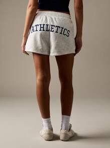 MISSGUIDED Sweat Shorts Drawstring Fleece Heathered Lounge College Letter Printed Mid Thigh Sporty Track Bottoms Spring Summer Running - Light Grey - View 2