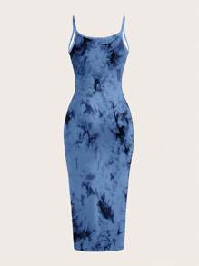 SHEIN EZwear 休闲全宽扎染图案紧身吊带背心连衣裙，适合夏季 - 彩色 - 查看 2