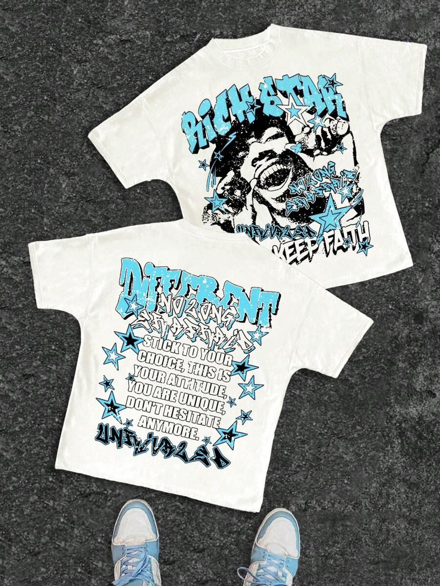 SHEIN 青少年男孩休闲简约卡通图案短袖圆领T恤，适合夏季