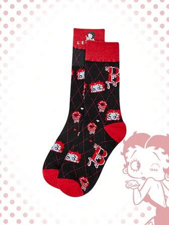Betty Boop | ROMWE 1 Pair Women Romantic Cartoon Figure & Letter Lips Argyle Print Mid-Calf Socks