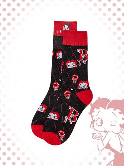 Betty Boop | ROMWE 1 Pair Women Romantic Cartoon Figure & Letter Lips Argyle Print Mid-Calf Socks