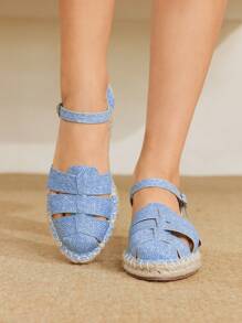 Styleloop 女士坡跟厚底编织凉鞋，波西米亚风格度假装，厚底鞋 - 寶藍色 - 查看 1
