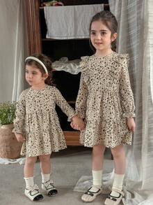 LMoss Kids Baby Mädchen Blümchen Rundhals Puffärmel eng anliegendes Kleid