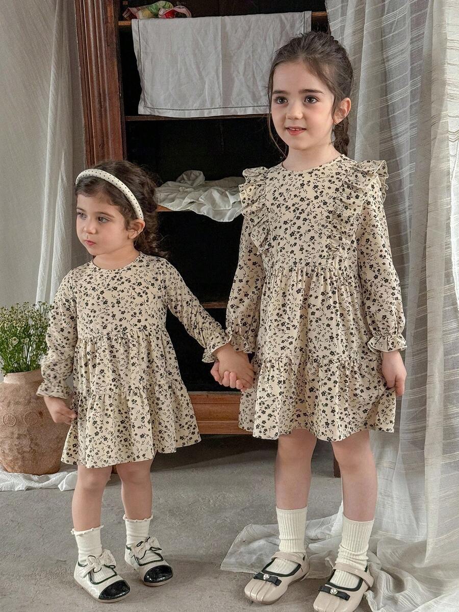 LMoss Kids Baby Mädchen Blümchen Rundhals Puffärmel eng anliegendes Kleid