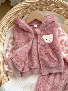 SHEIN 2件套女婴羊毛连帽夹克和裤子套装 - 彩色 - 查看 9