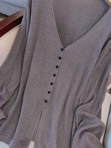 GlowEve CURVE 大码休闲纯色V领纽扣长袖开衫 - 灰色 - 查看 10