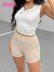 SHEIN مجموعة بلوزة هودي وشورت بلون أحادي بسيط للمراهقات - لون مشمشي - مشاهدة 5