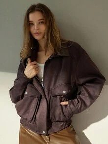 Aveloria Modichic Nueva chaqueta casual y elegante con cuello con cremallera, diseño sencillo para mujer - Marrón - Ver 5