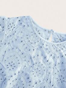 Ellevyn 春夏女式绿色蕾丝上衣 + 印花喇叭裙两件套，优雅浪漫的日常穿搭，加大码 - 淺藍色 - 查看 5