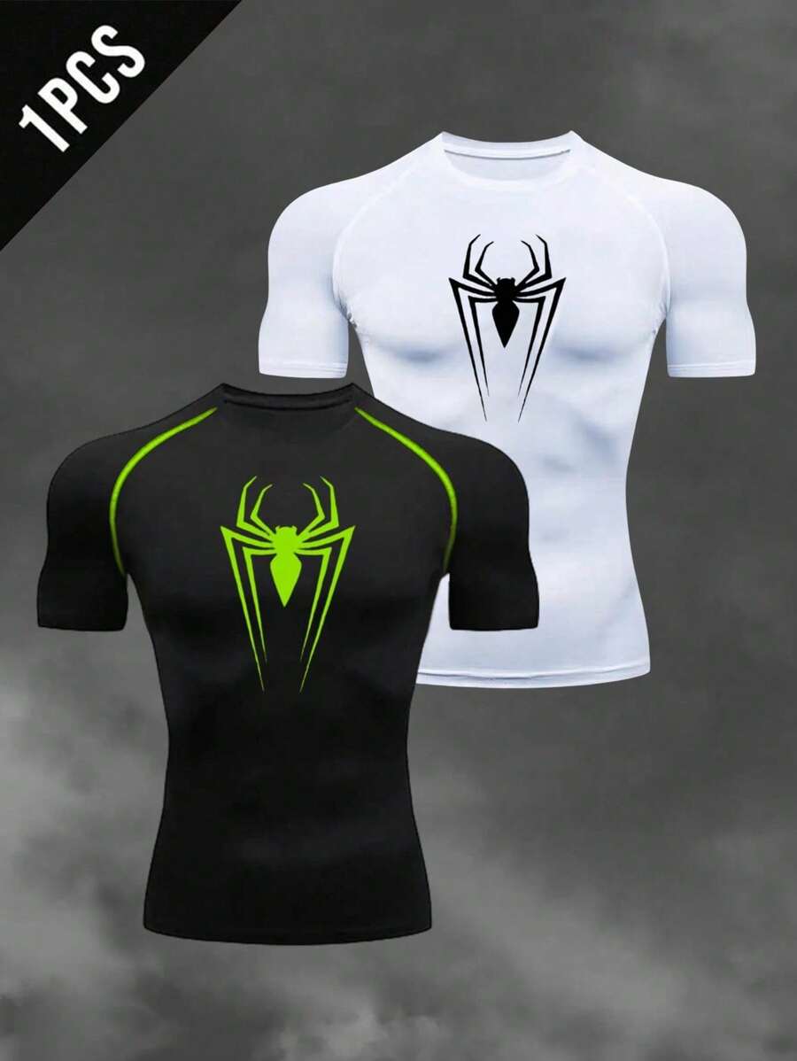Manfinity Sport Corelite Men's Spider Print Compression Short Sleeve Sport T-Shirt, Suitable For Summer Workout Tops Gym Top Compression Shirt Breathable Fitted Shirt Crew Neck