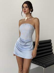 Firerie Delicate Romantic Elegant New Fashion Ethereal Fairy Style Music Festival Party Dance Vacation Mesh Floral Jacquard Ruffle Satin Mini Dress In Light Blue For Summer Ladies