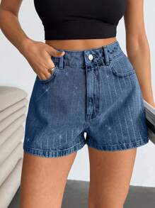 EURMUSE High Waist Rhinestone Slant Pocket Casual Denim Shorts - Light Wash - View 3