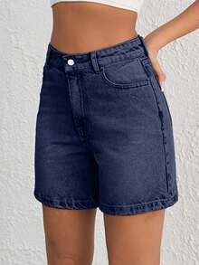 EURMUSE WOMEN VINTAGE WASH HIGH WAIST DENIM SHORT Y2K STYLE - Dark Wash - View 3